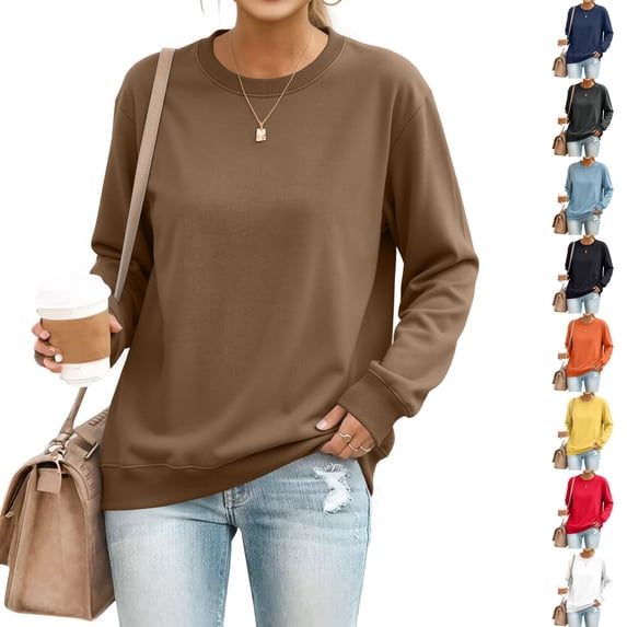 Resicozy Crew Neck Sweatshirts Women Oversized Long Sleeve No Hood Pullover Sweater Fall Winter Plain Lightweight Sweatshirt Brown XL