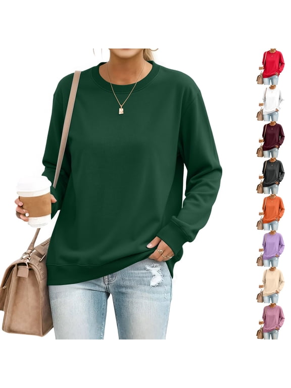 Crew Neck Sweatshirts Women Oversized Long Sleeve No Hood Pullover Sweater Fall Winter Plain Lightweight Sweatshirt Dark Green S