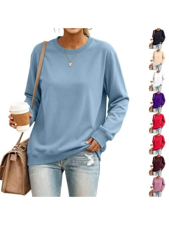 Crew Neck Sweatshirts Women Oversized Long Sleeve No Hood Pullover Sweater Fall Winter Plain Lightweight Sweatshirt Light Blue L