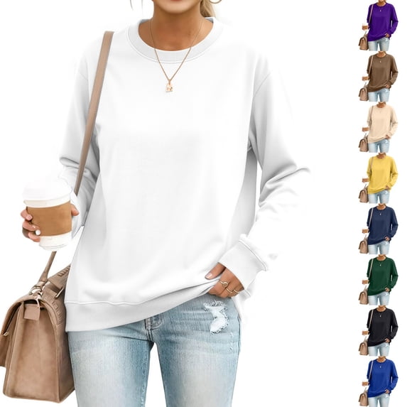 Resicozy Crew Neck Sweatshirts Women Oversized Long Sleeve No Hood Pullover Sweater Fall Winter Plain Lightweight Sweatshirt White 3XL