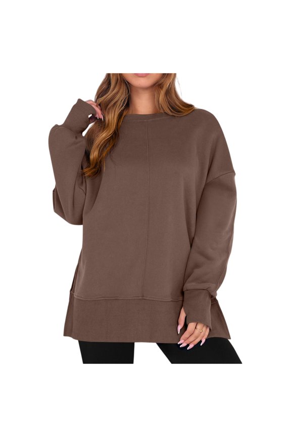 Crewneck Oversized Sweatshirts Women Oversized Long Sleeve Shirts 2025 Fall Side Slit Pullover Top Y2k Clothes Brown S