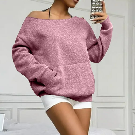 Resicozy Crewneck Sweatshirt for Women 2025 Off Shoulder Long Sleeve Oversized Trendy Plain Pullover Tops with Pocket Pink M