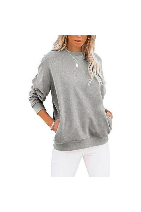 Crewneck Sweatshirts Women Long Sleeve Tops 2025 Fall Fashion Solid Color Clothes Winter Pullover with Pockets Gray M
