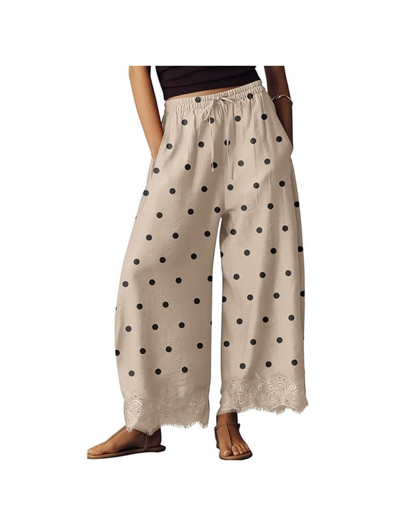 Cropped Lace Hem Leg Pants for Women Polka Dot Summer High Waist Balloon Lightweight Beach Trousers with Pockets Khaki S