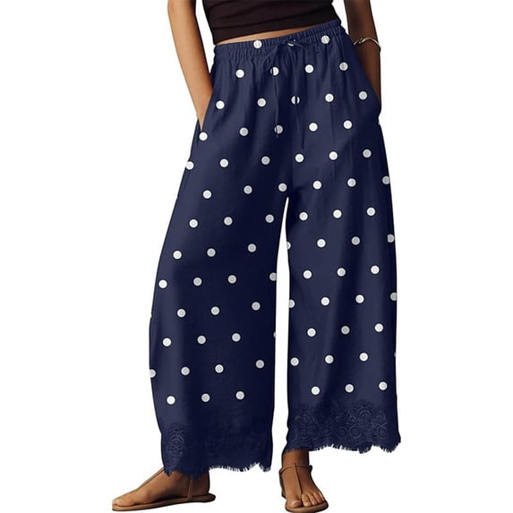 Resicozy Cropped Lace Hem Leg Pants for Women Polka Dot Summer High Waist Balloon Lightweight Beach Trousers with Pockets Navy S
