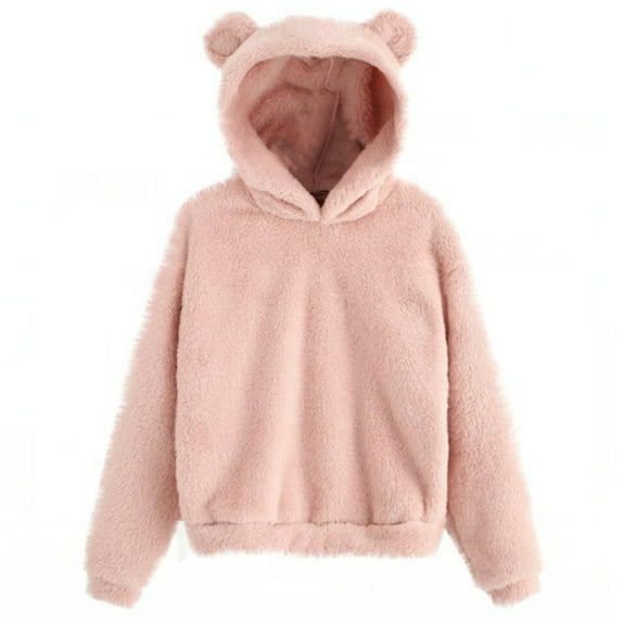 Resicozy Cute Bear Ears Hoodie Long Sleeve Warm 2025 Hoodies Solid Winter Sweatshirts Hooded Outerwear Pink L