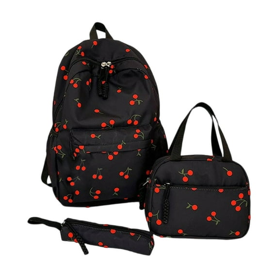 Resicozy Cute Cherry Backpack 3-Piece Set for Womens, Bookbag with Lunch Box and Pencil Case Black