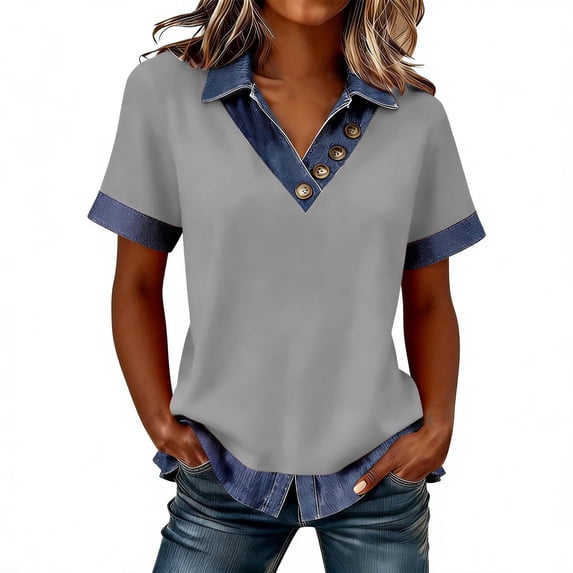 Resicozy Denim Shirt for Women Short Sleeve Denim Top Collared V Neck Buttons Decor Dressy Casual Blouses Light Gray M