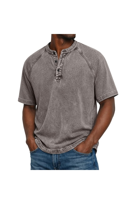 Distressed Henley Shirts for Men Short Sleeve Washed T Shirts Vintage Relaxed Fit Wash Tshirt 2026 Gray 2XL