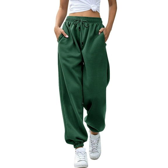 Resicozy Drawstring Sweatpants Women Baggy Plus Size Lounge Pants Workout Active High Waisted Casual Comfy Joggers with Pockets Dark Green S