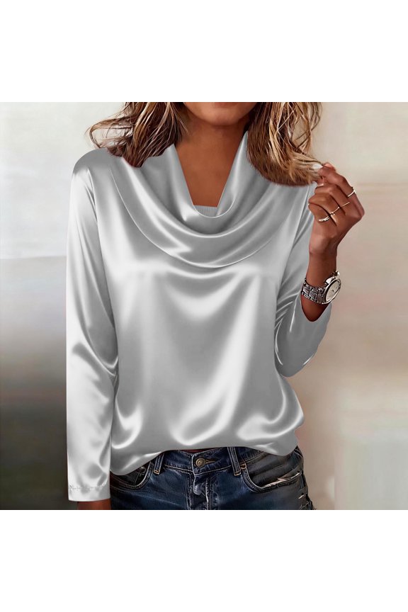 Dressy Tops for Women Long Sleeve Satin Blouses Business Work T Shirts Loose Fit Cowl Neck Spring Summer Shirt 2026 Silver S