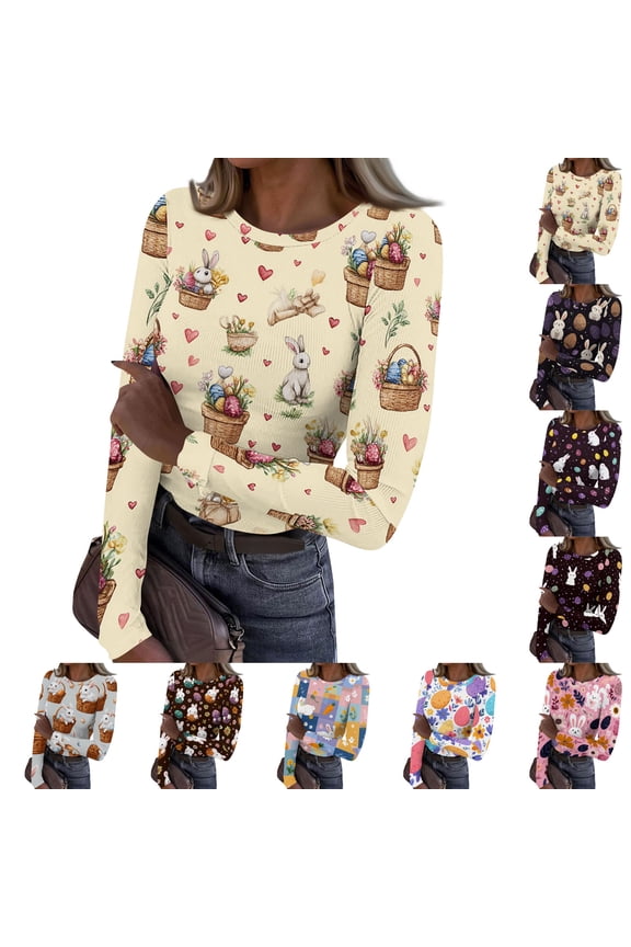 Easter Long Sleeve Shirts for Women Crew Neck Stretchy Fitted Ribbed Tops Printed Base Layer Soft Undershirts Tees Purple XL