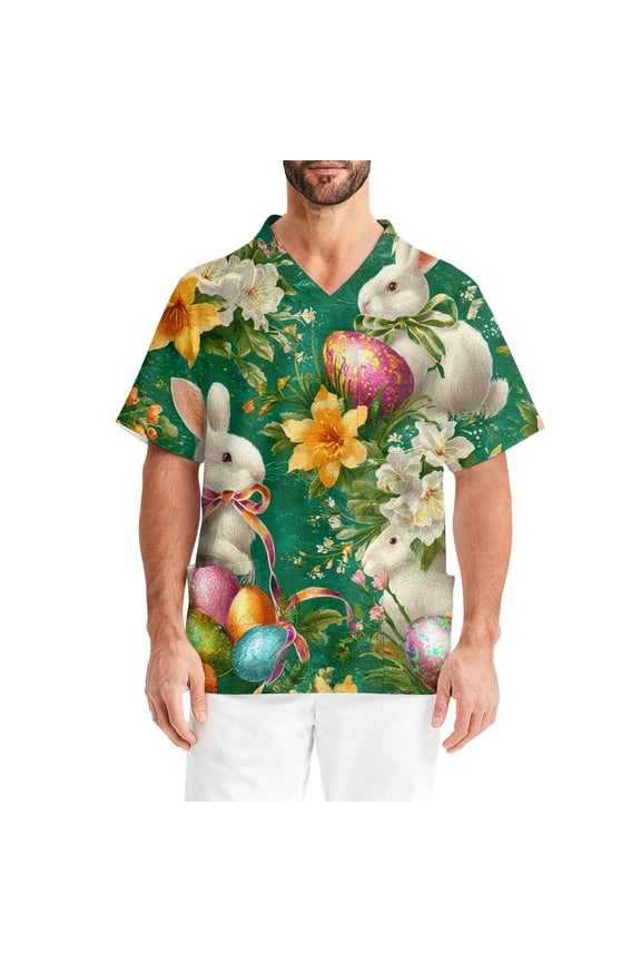 Easter Scrubs for Men V Neck Bunny Print Scrub Tops Plus Size Soft Nursing Funny Uniform Shirts with Pockets Green M