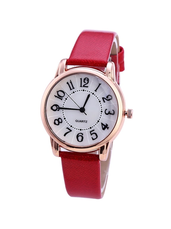 Easy Read Watches for Women Large Number Dial Watch with Leather Strap for Daily Casual Wear - Birthday Holiday Gifts for Wife Mother Red