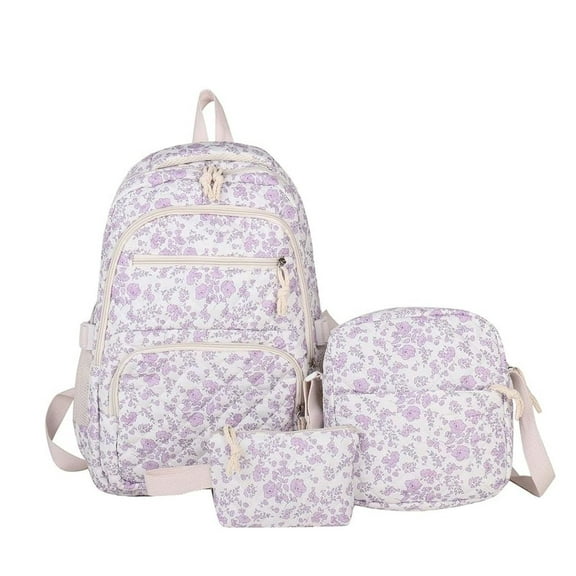 Resicozy Floral Print Backpack for Women Cute Coquette Aesthetic Cotton Rucksack 3-Piece Backpack With Floral Pattern Purple Pink