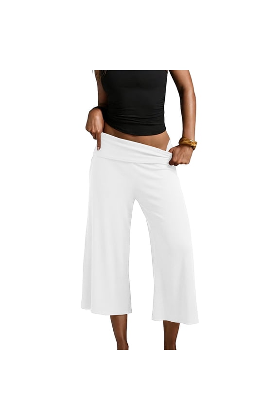 Foldover Capri Pant for Women Low Rise Pants Cropped Flowy Wide Leg Palazzo Lounge Yoga Capri Pant White M