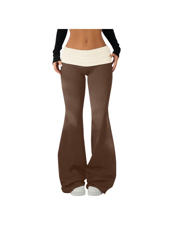 Foldover Flare Pants for Women Low Rise Stretchy Yoga Pants, Flared Leggings, Fall Winter Trendy Pant, Lightweight, Casual Coffee L