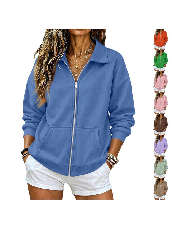 Full Zip Up Sweatshirt Women No Hood Oversized Loose Casual Long Sleeve Collared Jacket Fall Winter Clothes with Pockets Royal Blue L