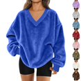 thumbnail image 1 of Resicozy Fuzzy Flannel Sweatshirt for Women Fluffy Pullover Sweaters Long Sleeve Oversized V Neck Sweatshirt Blue XL, 1 of 9