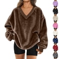 thumbnail image 1 of Resicozy Fuzzy Flannel Sweatshirt for Women Fluffy Pullover Sweaters Long Sleeve Oversized V Neck Sweatshirt Brown 2XL, 1 of 9