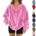 thumbnail image 1 of Resicozy Fuzzy Flannel Sweatshirt for Women Fluffy Pullover Sweaters Long Sleeve Oversized V Neck Sweatshirt Hot Pink M, 1 of 9