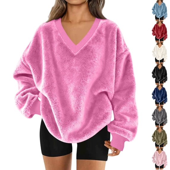 Resicozy Fuzzy Flannel Sweatshirt for Women Fluffy Pullover Sweaters Long Sleeve Oversized V Neck Sweatshirt Hot Pink M