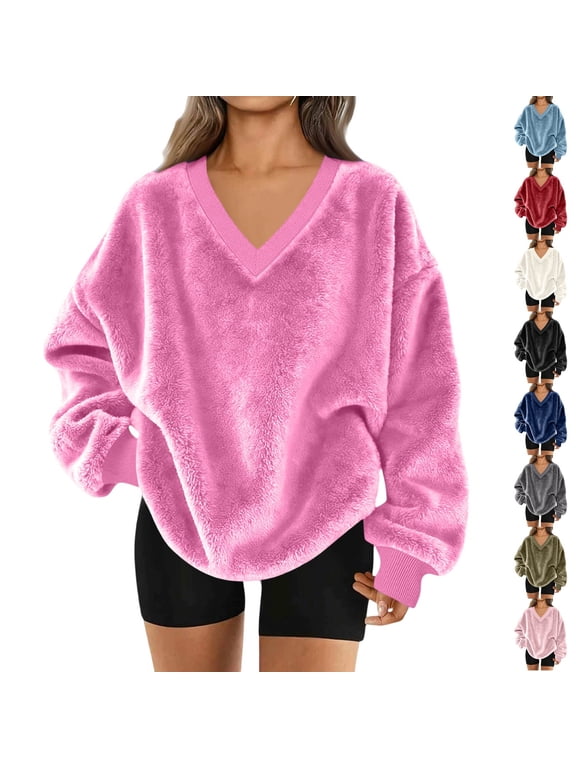 Fuzzy Flannel Sweatshirt for Women Fluffy Pullover Sweaters Long Sleeve Oversized V Neck Sweatshirt Hot Pink M
