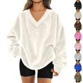 thumbnail image 1 of Resicozy Fuzzy Flannel Sweatshirt for Women Fluffy Pullover Sweaters Long Sleeve Oversized V Neck Sweatshirt White XL, 1 of 9