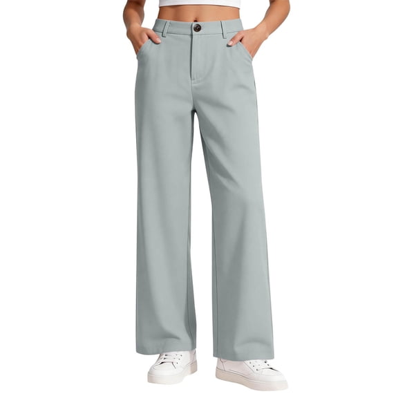 Resicozy Girl's Uniform Pants Wide Leg Dress Pant Teen Back to School High Waisted Formal Button Zipper Trousers with Pockets for Kids Gray 150