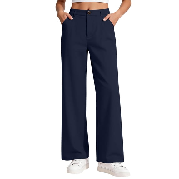 Resicozy Girl's Uniform Pants Wide Leg Dress Pant Teen Back to School High Waisted Formal Button Zipper Trousers with Pockets for Kids Navy 140