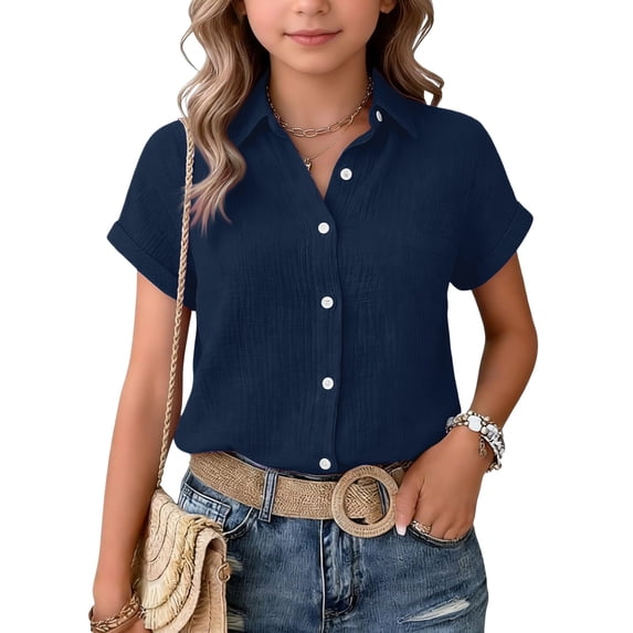 Resicozy Girls Button Down Linen Shirts for Kids Short Sleeve Dress Shirts Uniform Blouse 3-13 Years Navy 150