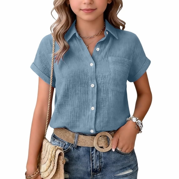 Resicozy Girls Button Down Shirts Short Sleeve Casual Blouse Summer Cute Tops for Teen T-Shirt Clothes with Pockets 3-15 Years Blue 140