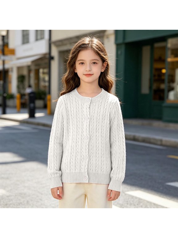 Girls Cable Knit Cardigan Button Front Long Sleeve Outerwear, Weave Warm Garment, for School Wear Fall Spring Casual Daily Outings White 90