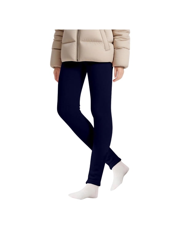 Girls' Fleece Leggings, Elastic Stretch Waistband Warm Pants For Kids Thick Soft Fabric, Versatile Daily Sports Wear 2-15 Years Navy 160