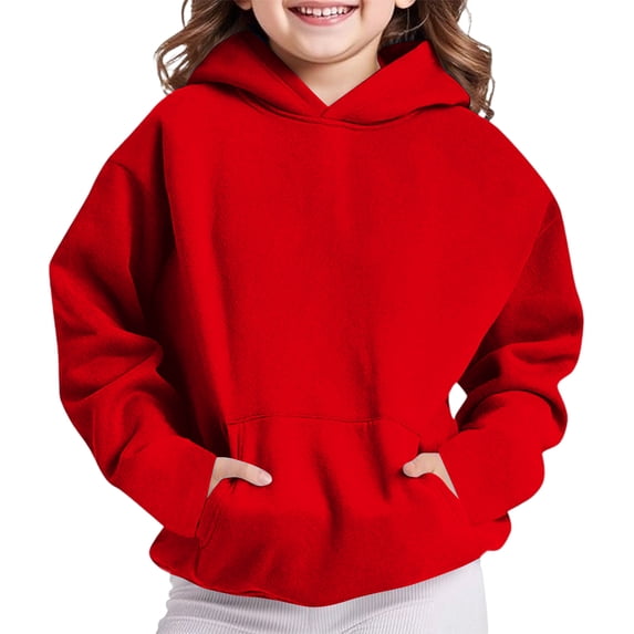 Resicozy Girls Hoodies Long Sleeve Solid Color Cute Hoodie Lightweight Y2k Oversized Hooded Sweatshirt with Pockets 2-13 Years Red 160