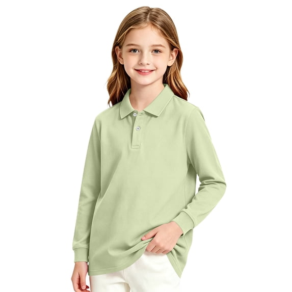 Resicozy Girls Long Sleeve Polo Shirt Casual School Uniform Shirts, Classic Collared Neckline, Soft Breathable Top Light Green 120
