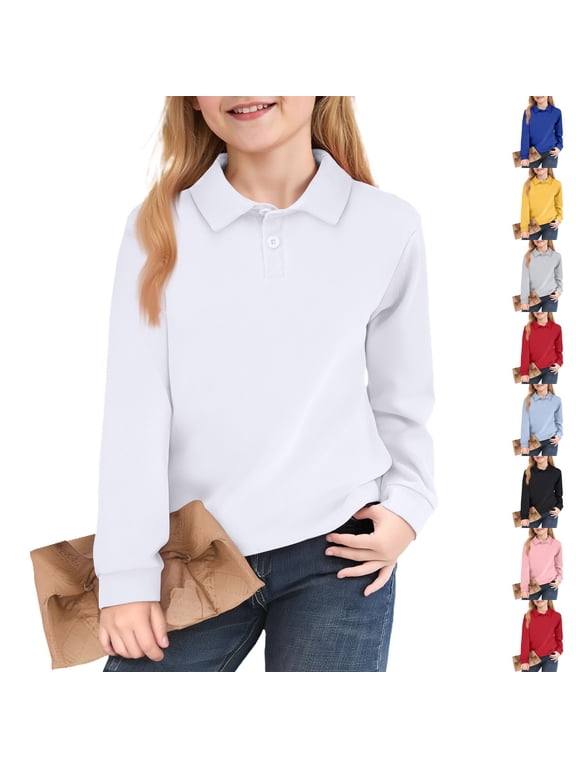 Girls Long Sleeve Polo Shirt Casual School Uniform Shirts for Kids Fall Tops Classic Collared Neckline, Soft Breathable Fabric 1-12 Years White 150