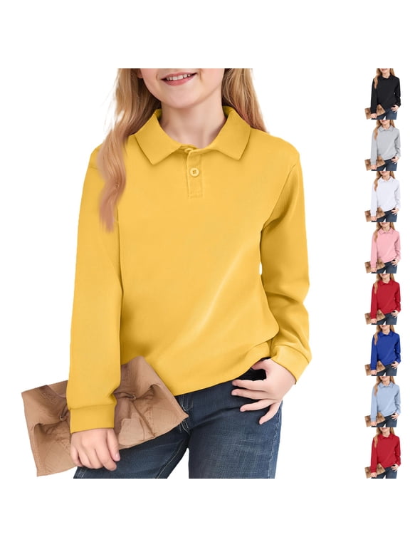 Girls Long Sleeve Polo Shirt Casual School Uniform Shirts for Kids Fall Tops Classic Collared Neckline, Soft Breathable Fabric 1-12 Years Yellow 130