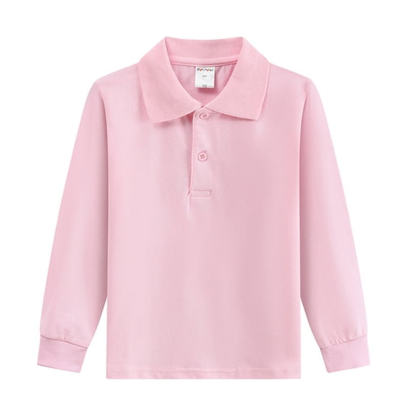 Resicozy Girls Long Sleeve Polo Shirt School Uniform Blouse Shirts for Kids, School Wear, Spring Fall, Polo Shirts Collar, Button Placket, Solid Color Pink 160