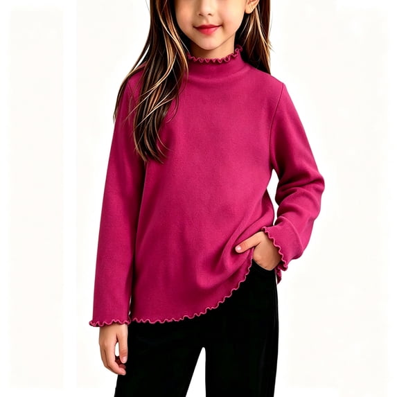 Resicozy Girls Long Sleeve Shirts Ribbed Tops Lettuce Trim T-Shirts, Crew Neck Basic Tees, Cute Teens Stretch Blouses, for Kids 2-12 Years Hot Pink 120