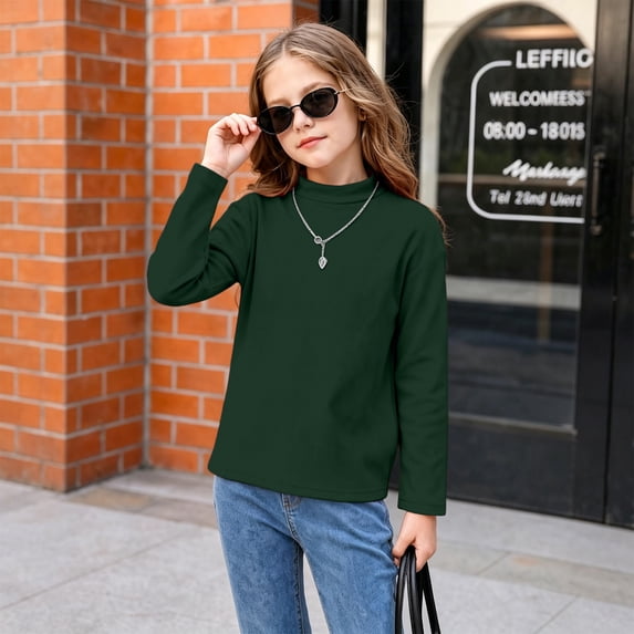 Resicozy Girls Long Sleeve Shirts Turtleneck Casual Base Slim Fit Fall Shirt for Kids, Soft Winter Tops for School Outdoor Daily Wear 2-13 Years Dark Green 150