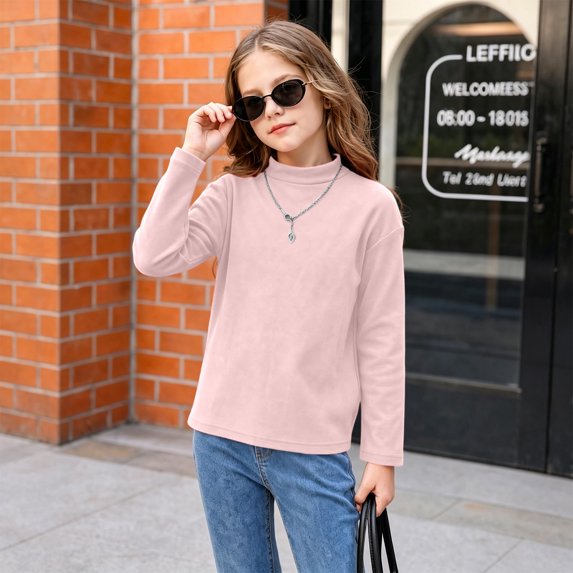 Resicozy Girls Long Sleeve Shirts Turtleneck Casual Base Slim Fit Fall Shirt for Kids, Soft Winter Tops for School Outdoor Daily Wear 2-13 Years Pink 120