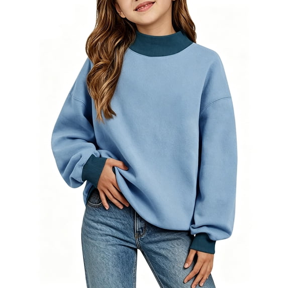 Resicozy Girls Mock Neck Sweatshirt Oversized Fleece Lined Fashion Solid Color Pullover Top 2026 2-13 Years Blue 120