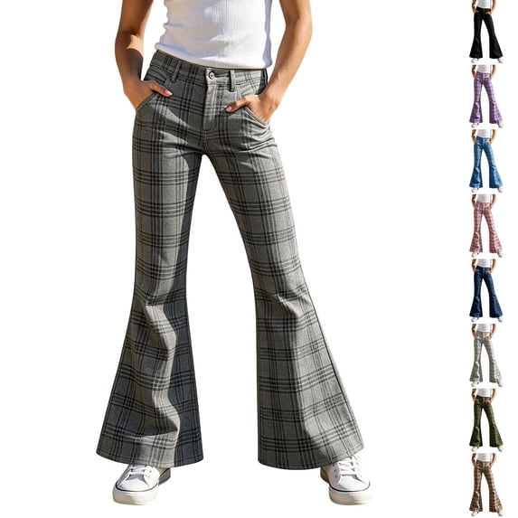 Resicozy Girls Plaid Flare Pants High Waist School Uniform Y2K Bell Bottoms Back to School Button Trousers with Pockets 5-15 Years Gray 160