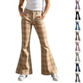 thumbnail image 1 of Resicozy Girls Plaid Flare Pants High Waist School Uniform Y2K Bell Bottoms Back to School Button Trousers with Pockets 5-15 Years Khaki 170, 1 of 10