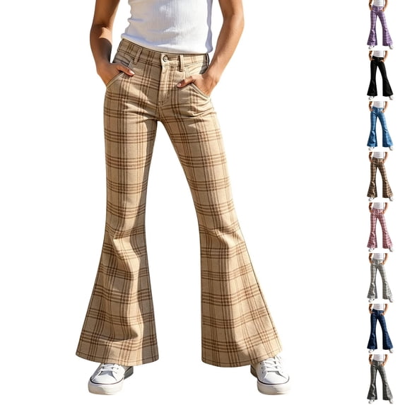 Resicozy Girls Plaid Flare Pants High Waist School Uniform Y2K Bell Bottoms Back to School Button Trousers with Pockets 5-15 Years Khaki 170