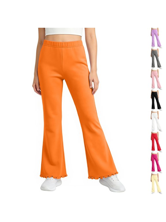 Girls Ruffle Flare Leggings, High Waist Bell Bottom Pants for Kids, Dance Gymnastics Casual Leggings 3-15 Years Orange 140
