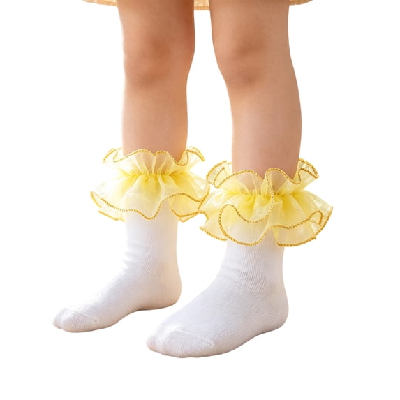 Resicozy Girls Ruffle Socks Breathable Cotton Lace Frilly Dress Sock Fashion Solid Color Stockings for Daily Wear Yellow M
