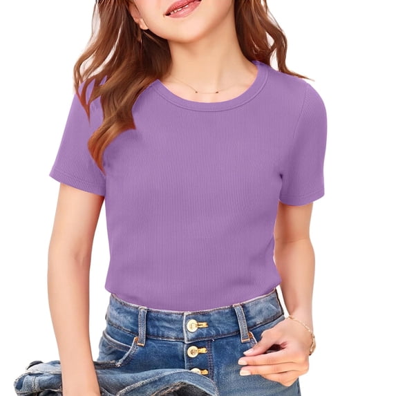 Resicozy Girls Shirts Cute Basic Tees Summer Ribbed Top Teens Short Sleeve Vacation T-Shirt for Kids 5-13 Years Purple 130