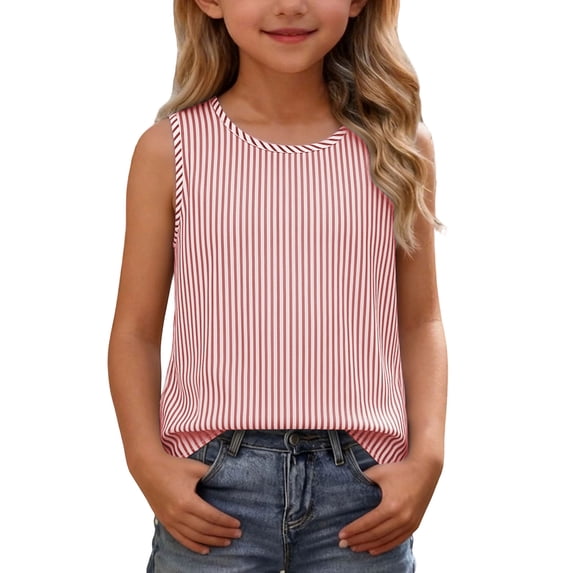 Resicozy Girls Striped Tank Tops Sleeveless Cotton Crew Neck Casual Loose Summer Shirt Breathable Tee 4-13 Years Red 110